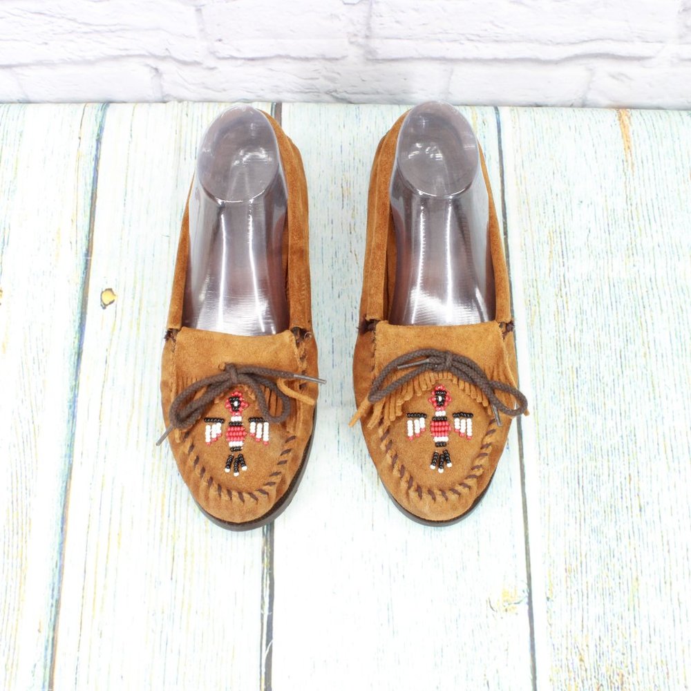 *Minnetonka Thunderbird Brown Suede Slip On Moccasin Flat Boat Shoes Size - Picture 5 of 9